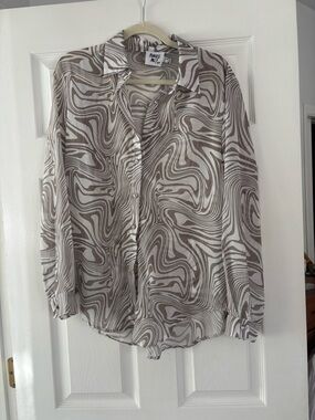 Swirl Printed Sheer Long-Sleeve Button-Down Shirt - Taupe/White